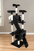 67-inch tall multi-level cat tree in brown color
Cat lounging on viewing platform of condo
Sisal-wrapped posts and hanging toy ball
Full cat tower structure with three platforms and two hideouts
Soft plush fabric-covered hideaway area for cats