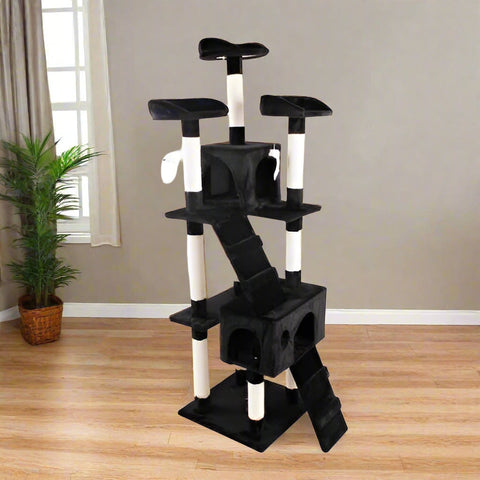 67-inch tall multi-level cat tree in brown color
Cat lounging on viewing platform of condo
Sisal-wrapped posts and hanging toy ball
Full cat tower structure with three platforms and two hideouts
Soft plush fabric-covered hideaway area for cats