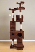 67-inch tall multi-level cat tree in brown color
Cat lounging on viewing platform of condo
Sisal-wrapped posts and hanging toy ball
Full cat tower structure with three platforms and two hideouts
Soft plush fabric-covered hideaway area for cats