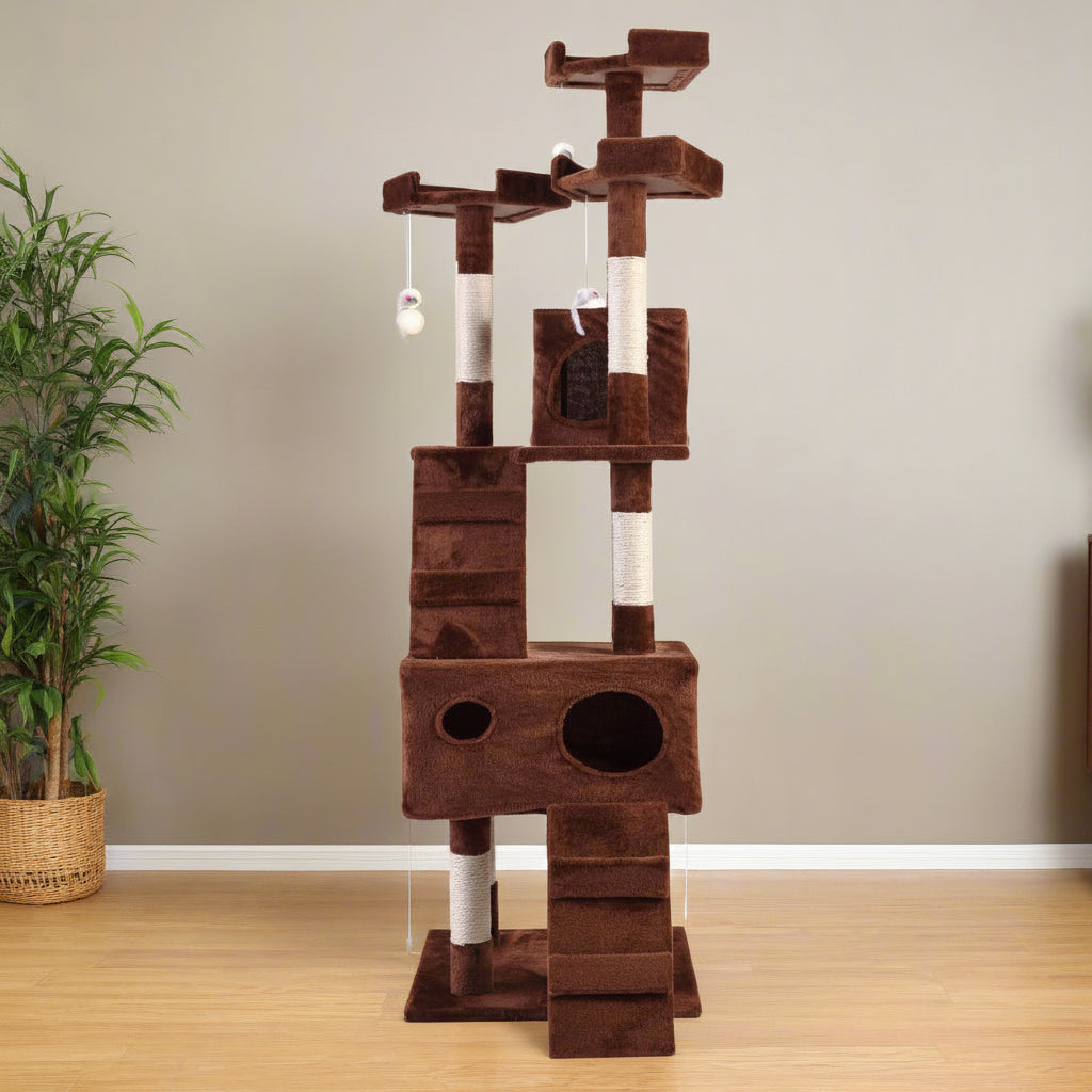 67-inch tall multi-level cat tree in brown color
Cat lounging on viewing platform of condo
Sisal-wrapped posts and hanging toy ball
Full cat tower structure with three platforms and two hideouts
Soft plush fabric-covered hideaway area for cats