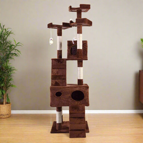 67-inch tall multi-level cat tree in brown color
Cat lounging on viewing platform of condo
Sisal-wrapped posts and hanging toy ball
Full cat tower structure with three platforms and two hideouts
Soft plush fabric-covered hideaway area for cats