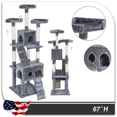 67-inch tall multi-level cat tree in brown color
Cat lounging on viewing platform of condo
Sisal-wrapped posts and hanging toy ball
Full cat tower structure with three platforms and two hideouts
Soft plush fabric-covered hideaway area for cats