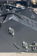 "68 inch skid steer landscape rake bucket with hydraulic top cover"
"Heavy-duty grading tool for skid steer loaders"
"Landscape rake with travel skids and handheld remote"
"Hydraulic rake attachment in action on construction site"