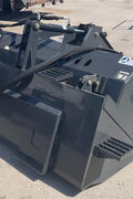 "68 inch skid steer landscape rake bucket with hydraulic top cover"
"Heavy-duty grading tool for skid steer loaders"
"Landscape rake with travel skids and handheld remote"
"Hydraulic rake attachment in action on construction site"