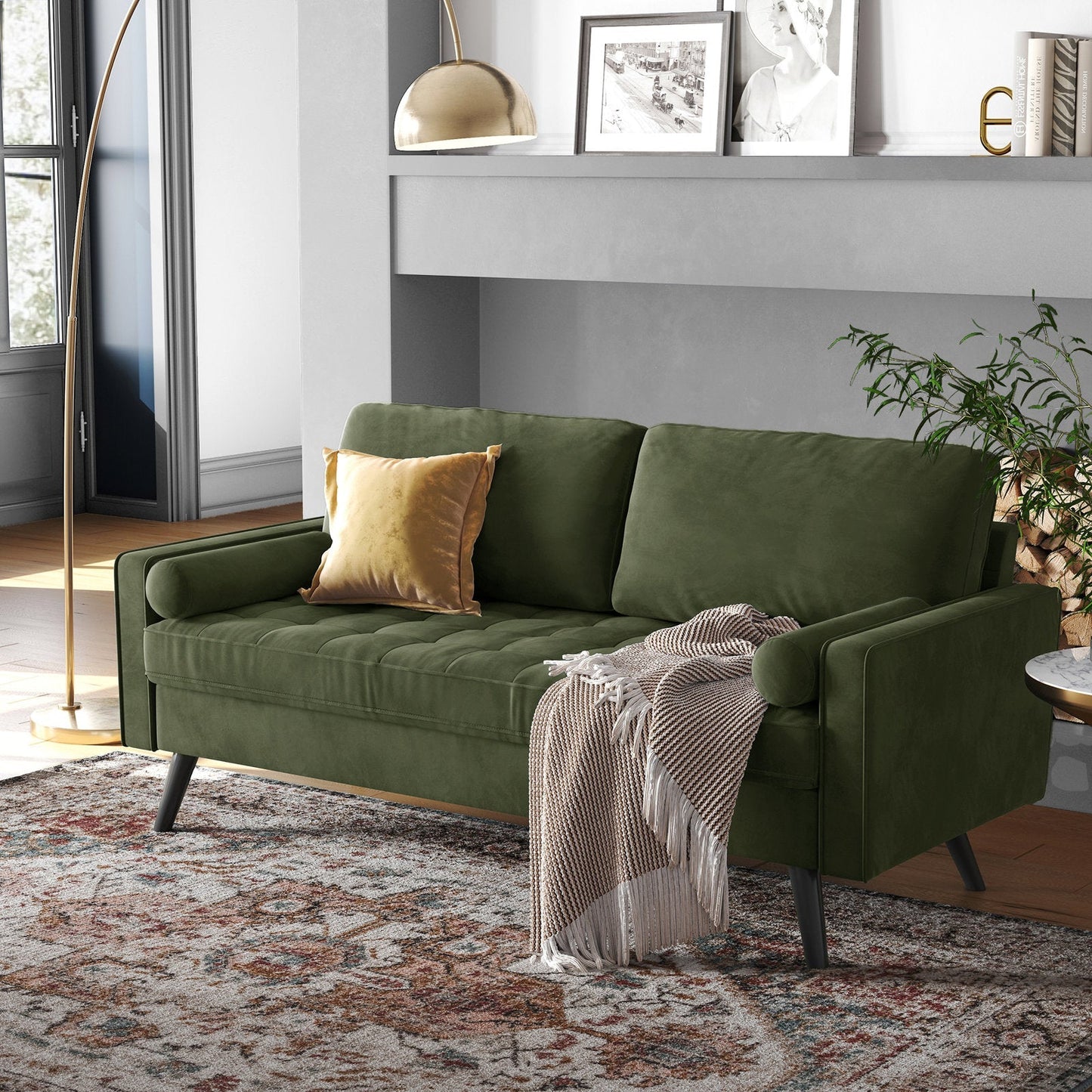 69.7-inch modern velvet sofa in navy blue with tufted back

Gray velvet upholstered sofa with pillows

Side view of modern green couch with wooden legs

Mid-century couch with tufted back and square arms