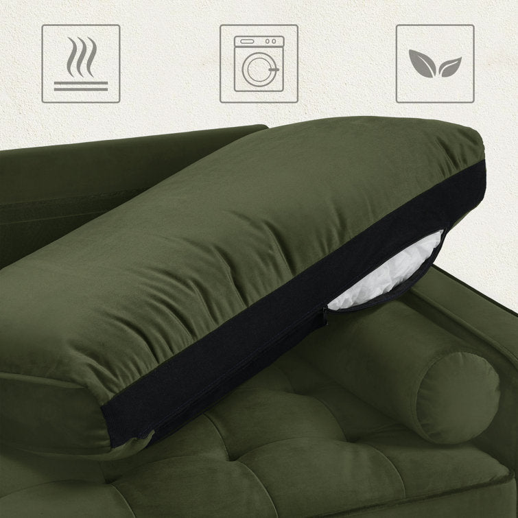 69.7-inch modern velvet sofa in navy blue with tufted back

Gray velvet upholstered sofa with pillows

Side view of modern green couch with wooden legs

Mid-century couch with tufted back and square arms