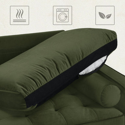 69.7-inch modern velvet sofa in navy blue with tufted back

Gray velvet upholstered sofa with pillows

Side view of modern green couch with wooden legs

Mid-century couch with tufted back and square arms