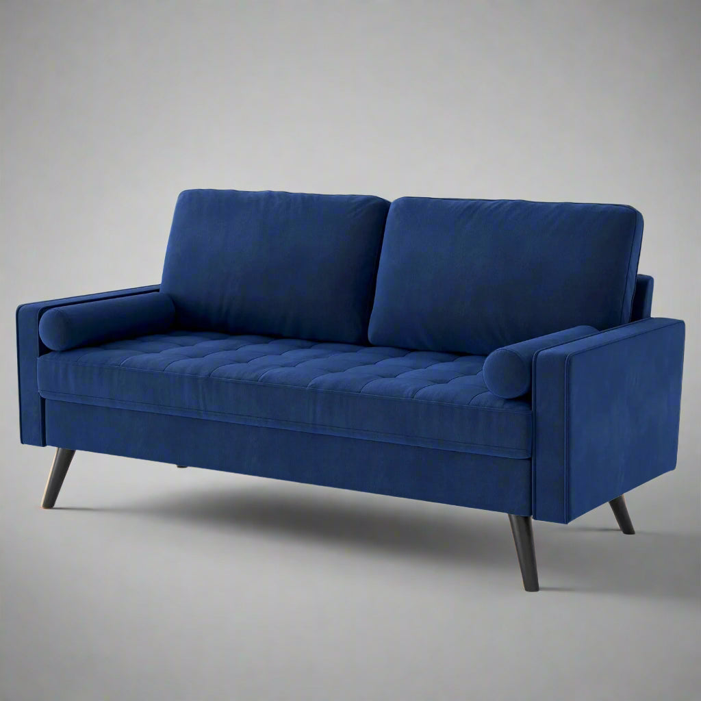 69.7-inch modern velvet sofa in navy blue with tufted back

Gray velvet upholstered sofa with pillows

Side view of modern green couch with wooden legs

Mid-century couch with tufted back and square arms