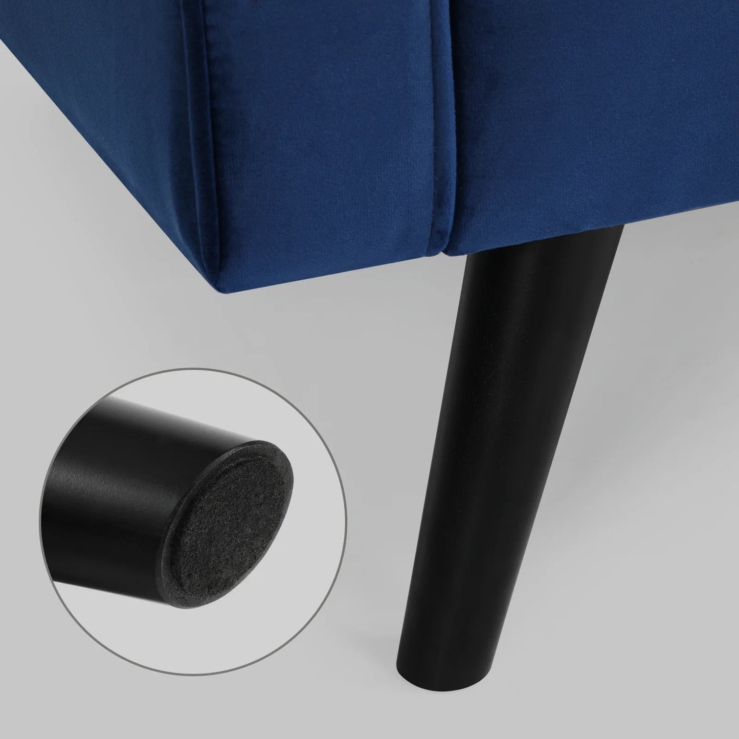 69.7-inch modern velvet sofa in navy blue with tufted back

Gray velvet upholstered sofa with pillows

Side view of modern green couch with wooden legs

Mid-century couch with tufted back and square arms