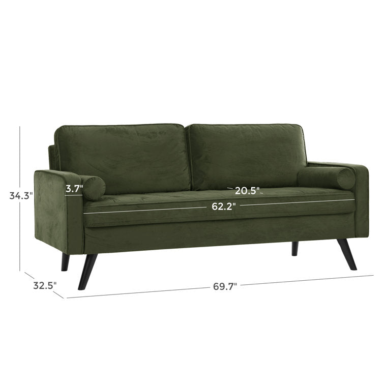 69.7-inch modern velvet sofa in navy blue with tufted back

Gray velvet upholstered sofa with pillows

Side view of modern green couch with wooden legs

Mid-century couch with tufted back and square arms