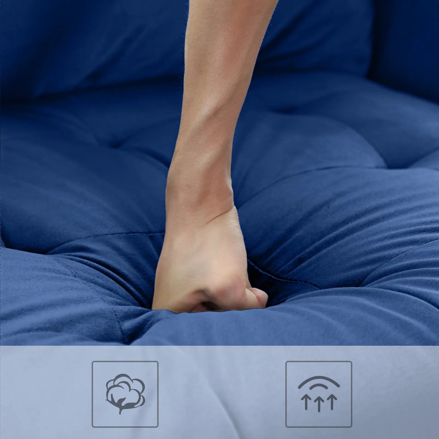 69.7-inch modern velvet sofa in navy blue with tufted back

Gray velvet upholstered sofa with pillows

Side view of modern green couch with wooden legs

Mid-century couch with tufted back and square arms