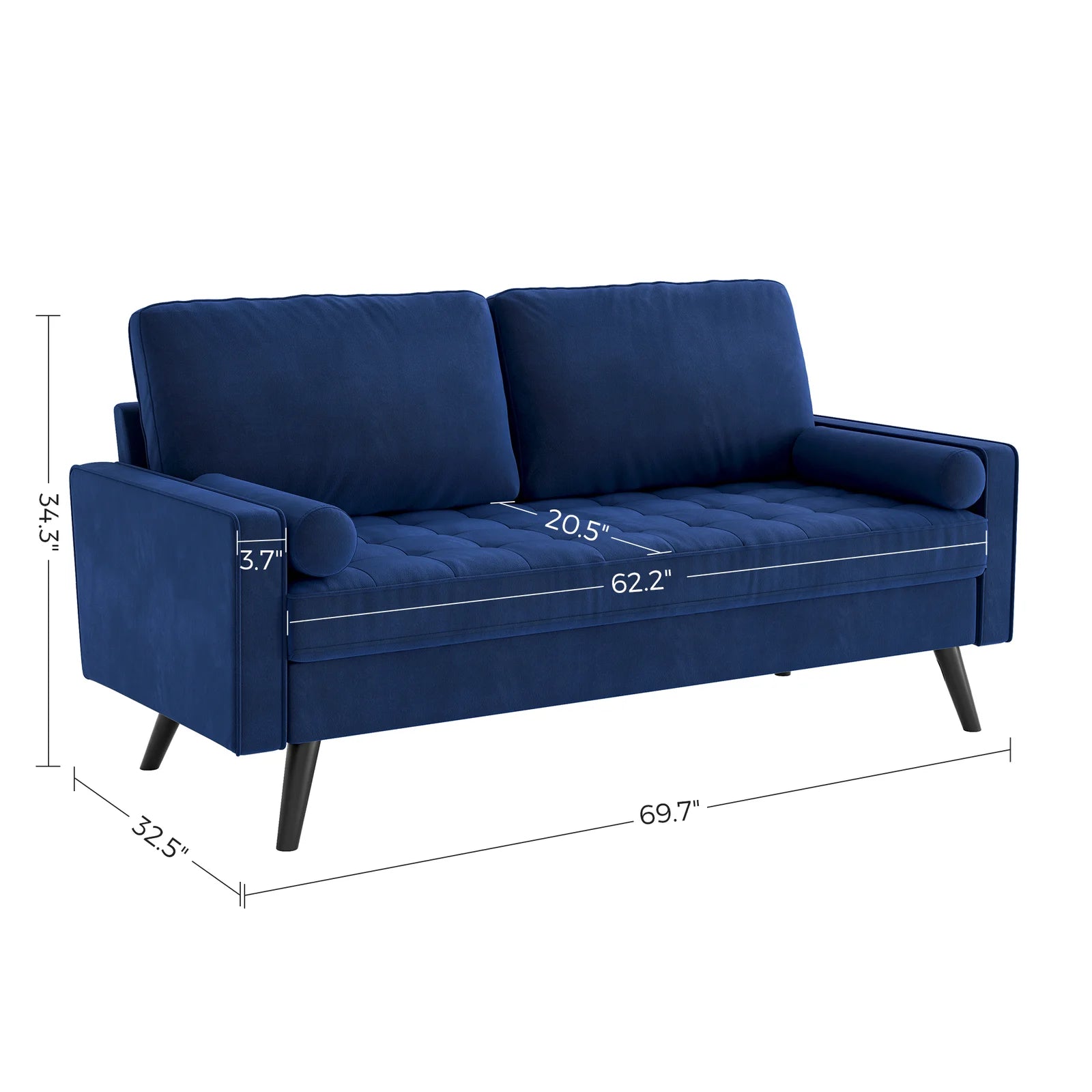 69.7-inch modern velvet sofa in navy blue with tufted back

Gray velvet upholstered sofa with pillows

Side view of modern green couch with wooden legs

Mid-century couch with tufted back and square arms