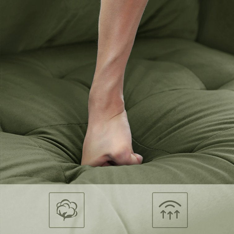 69.7-inch modern velvet sofa in navy blue with tufted back

Gray velvet upholstered sofa with pillows

Side view of modern green couch with wooden legs

Mid-century couch with tufted back and square arms