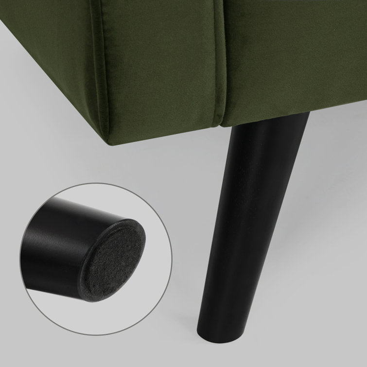 69.7-inch modern velvet sofa in navy blue with tufted back

Gray velvet upholstered sofa with pillows

Side view of modern green couch with wooden legs

Mid-century couch with tufted back and square arms