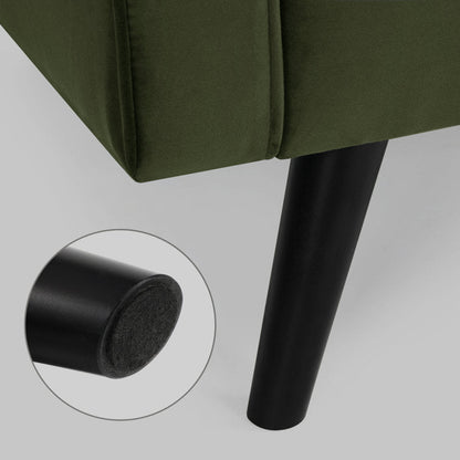 69.7-inch modern velvet sofa in navy blue with tufted back

Gray velvet upholstered sofa with pillows

Side view of modern green couch with wooden legs

Mid-century couch with tufted back and square arms