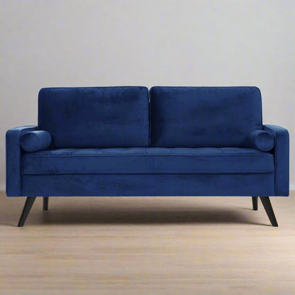 69.7-inch modern velvet sofa in navy blue with tufted back

Gray velvet upholstered sofa with pillows

Side view of modern green couch with wooden legs

Mid-century couch with tufted back and square arms