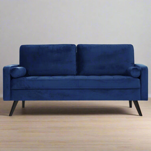 69.7-inch modern velvet sofa in navy blue with tufted back

Gray velvet upholstered sofa with pillows

Side view of modern green couch with wooden legs

Mid-century couch with tufted back and square arms