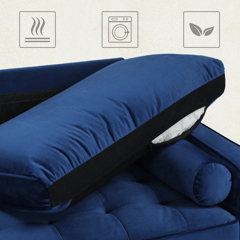 69.7-inch modern velvet sofa in navy blue with tufted back

Gray velvet upholstered sofa with pillows

Side view of modern green couch with wooden legs

Mid-century couch with tufted back and square arms