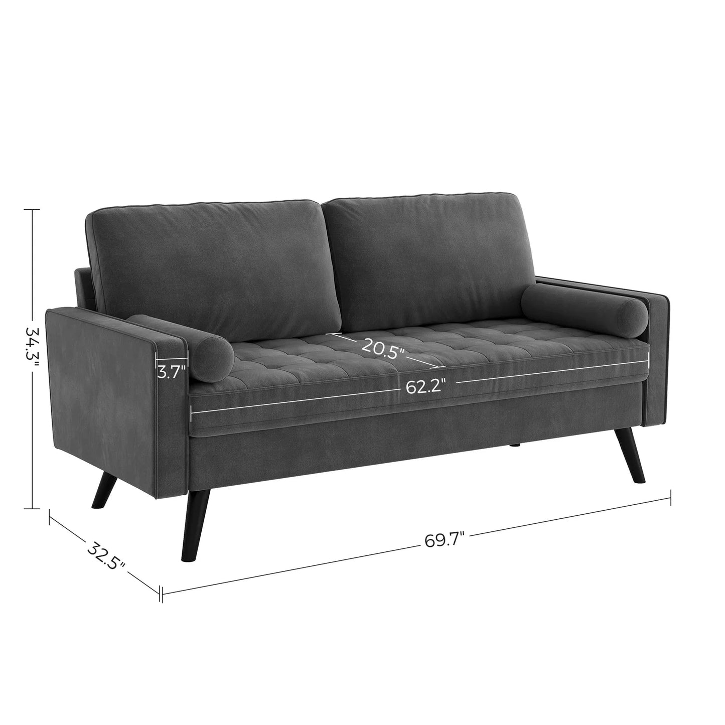 69.7-inch modern velvet sofa in navy blue with tufted back

Gray velvet upholstered sofa with pillows

Side view of modern green couch with wooden legs

Mid-century couch with tufted back and square arms