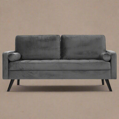 69.7-inch modern velvet sofa in navy blue with tufted back

Gray velvet upholstered sofa with pillows

Side view of modern green couch with wooden legs

Mid-century couch with tufted back and square arms