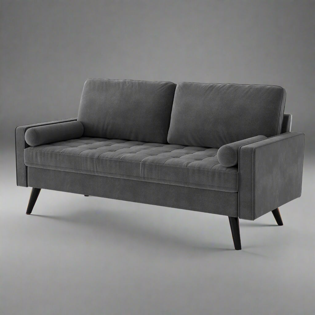 69.7-inch modern velvet sofa in navy blue with tufted back

Gray velvet upholstered sofa with pillows

Side view of modern green couch with wooden legs

Mid-century couch with tufted back and square arms