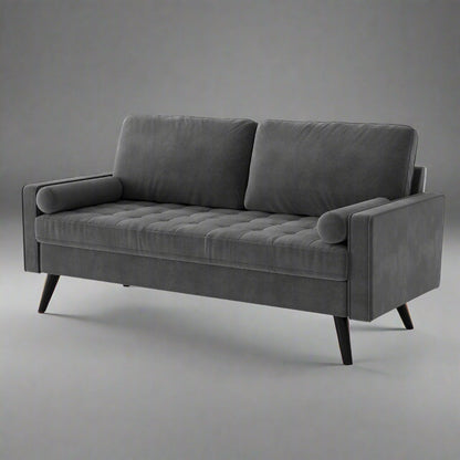 69.7-inch modern velvet sofa in navy blue with tufted back

Gray velvet upholstered sofa with pillows

Side view of modern green couch with wooden legs

Mid-century couch with tufted back and square arms