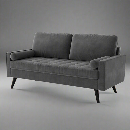 69.7-inch modern velvet sofa in navy blue with tufted back

Gray velvet upholstered sofa with pillows

Side view of modern green couch with wooden legs

Mid-century couch with tufted back and square arms