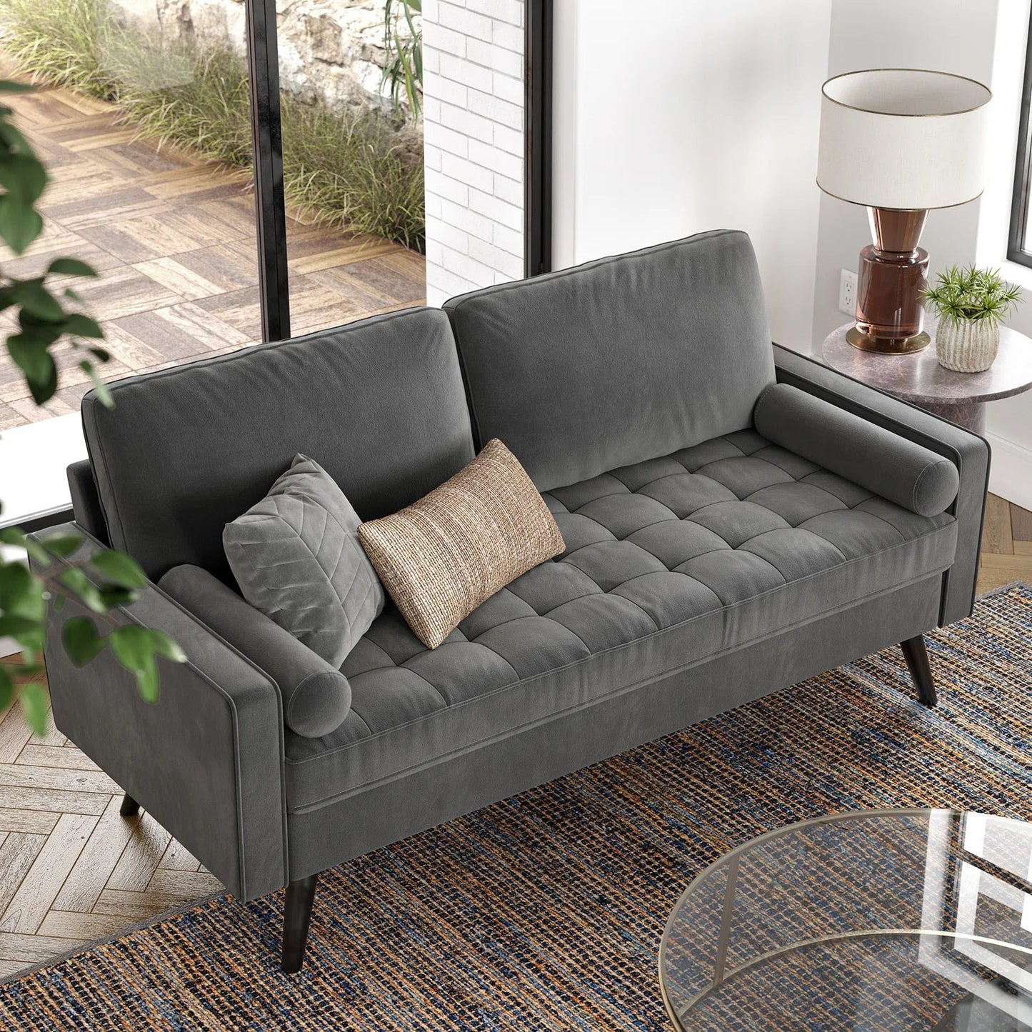 69.7-inch modern velvet sofa in navy blue with tufted back

Gray velvet upholstered sofa with pillows

Side view of modern green couch with wooden legs

Mid-century couch with tufted back and square arms