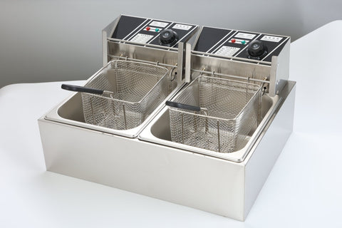 “Double tank electric countertop fryer for commercial kitchen”

“6L and 12L stainless steel deep fryers with baskets”

“Small electric fryer for deli and light-duty food prep”

“Compact plug-in fryer with temperature control”