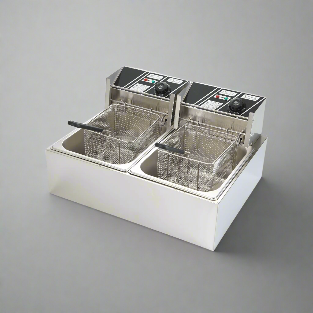 “Double tank electric countertop fryer for commercial kitchen”

“6L and 12L stainless steel deep fryers with baskets”

“Small electric fryer for deli and light-duty food prep”

“Compact plug-in fryer with temperature control”