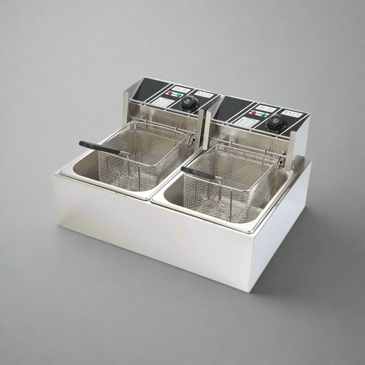 “Double tank electric countertop fryer for commercial kitchen”

“6L and 12L stainless steel deep fryers with baskets”

“Small electric fryer for deli and light-duty food prep”

“Compact plug-in fryer with temperature control”