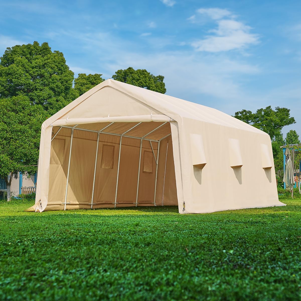 Heavy-Duty Fabric Storage Buildings ��� 6x6, 7x12, and 13x20 ft Car Shelters with Beige PE Cover and Galvanized