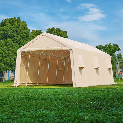 Heavy-Duty Fabric Storage Buildings ��� 6x6, 7x12, and 13x20 ft Car Shelters with Beige PE Cover and Galvanized