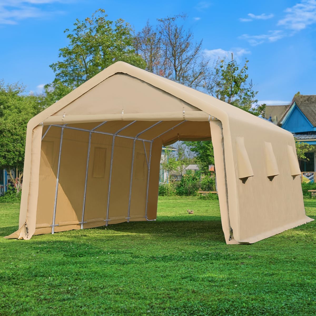 Heavy-Duty Fabric Storage Buildings ��� 6x6, 7x12, and 13x20 ft Car Shelters with Beige PE Cover and Galvanized