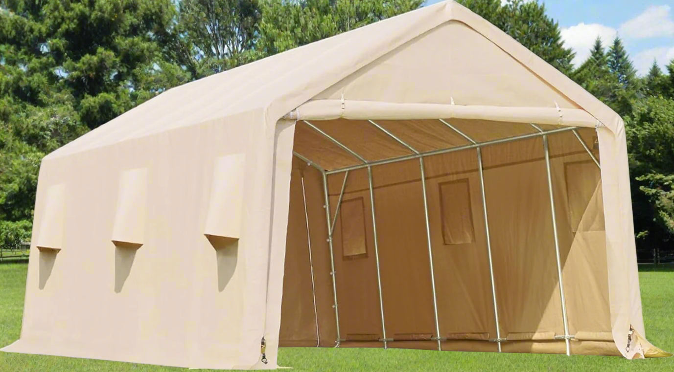 Heavy-Duty Fabric Storage Buildings ��� 6x6, 7x12, and 13x20 ft Car Shelters with Beige PE Cover and Galvanized
