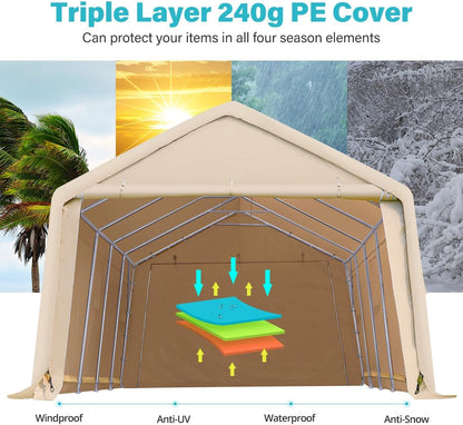 Heavy-Duty Fabric Storage Buildings ��� 6x6, 7x12, and 13x20 ft Car Shelters with Beige PE Cover and Galvanized