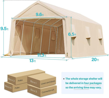 Heavy-Duty Fabric Storage Buildings ��� 6x6, 7x12, and 13x20 ft Car Shelters with Beige PE Cover and Galvanized