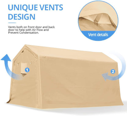 Heavy-Duty Fabric Storage Buildings ��� 6x6, 7x12, and 13x20 ft Car Shelters with Beige PE Cover and Galvanized