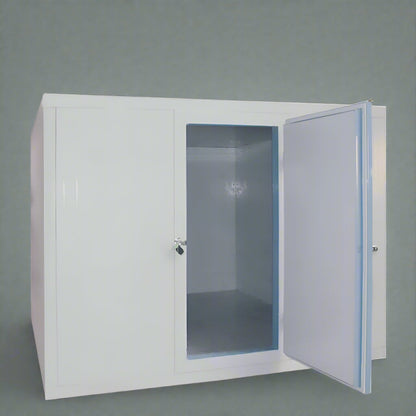 “Commercial walk-in freezer installed in warehouse”

“Modular cold room with open door and interior view”

“Flat-packed walk-in cooler components and hardware”

“Exterior view of insulated freezer unit panel walls”

“Walk-in chiller unit with digital controller and lockable door”