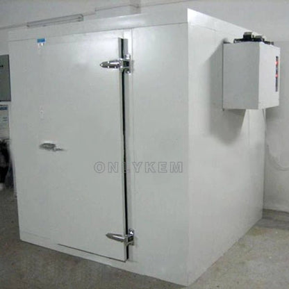“Commercial walk-in freezer installed in warehouse”

“Modular cold room with open door and interior view”

“Flat-packed walk-in cooler components and hardware”

“Exterior view of insulated freezer unit panel walls”

“Walk-in chiller unit with digital controller and lockable door”