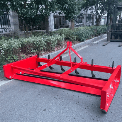 7 FT box scraper land leveler for tractors – red heavy-duty steel frame
Side view of red 3-point box scraper attachment with shanks
Land leveler blade attachment for Category 1 tractors – 7 foot wide