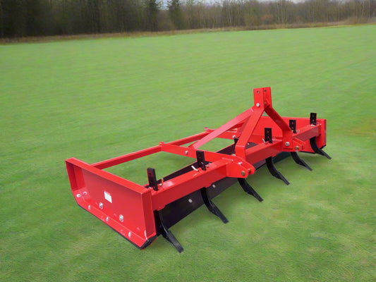 7 FT box scraper land leveler for tractors – red heavy-duty steel frame
Side view of red 3-point box scraper attachment with shanks
Land leveler blade attachment for Category 1 tractors – 7 foot wide