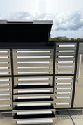 7FT Stainless Steel Workbench with 35 Drawers – Front and Side View

