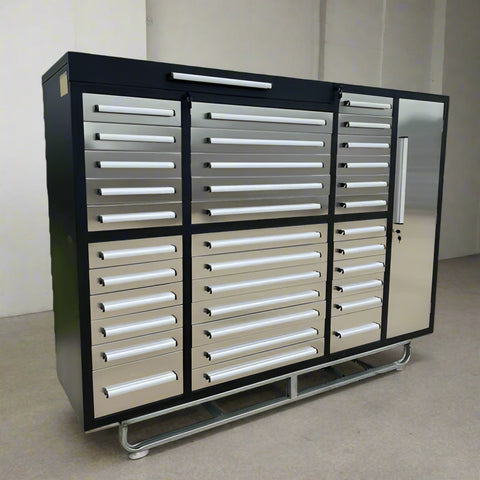 7FT Stainless Steel Workbench with 35 Drawers – Front and Side View

