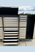 7FT Stainless Steel Workbench with 35 Drawers – Front and Side View

