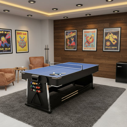 7ft 4-in-1 game table with pool, air hockey, table tennis, and dining top
Convertible multi-game table with storage for accessories
Full-size game table with air hockey surface and blower motor
Modern black and wood game table for family entertainment