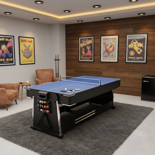 7ft 4-in-1 game table with pool, air hockey, table tennis, and dining top
Convertible multi-game table with storage for accessories
Full-size game table with air hockey surface and blower motor
Modern black and wood game table for family entertainment