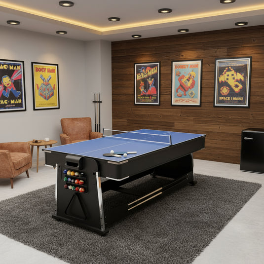 7ft 4-in-1 game table with pool, air hockey, table tennis, and dining top
Convertible multi-game table with storage for accessories
Full-size game table with air hockey surface and blower motor
Modern black and wood game table for family entertainment