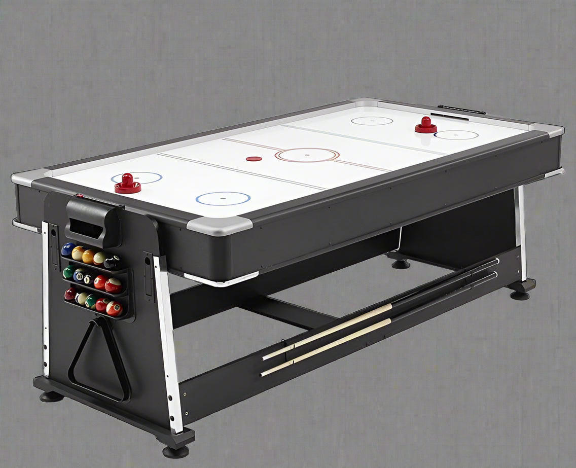 7ft 4-in-1 game table with pool, air hockey, table tennis, and dining top
Convertible multi-game table with storage for accessories
Full-size game table with air hockey surface and blower motor
Modern black and wood game table for family entertainment