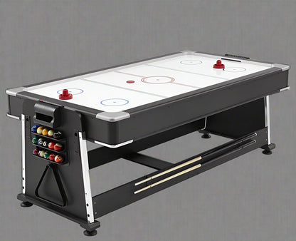 7ft 4-in-1 game table with pool, air hockey, table tennis, and dining top
Convertible multi-game table with storage for accessories
Full-size game table with air hockey surface and blower motor
Modern black and wood game table for family entertainment